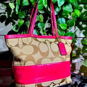 Hot Pink Leather W/Tan Signature Canvas Coach Purse
